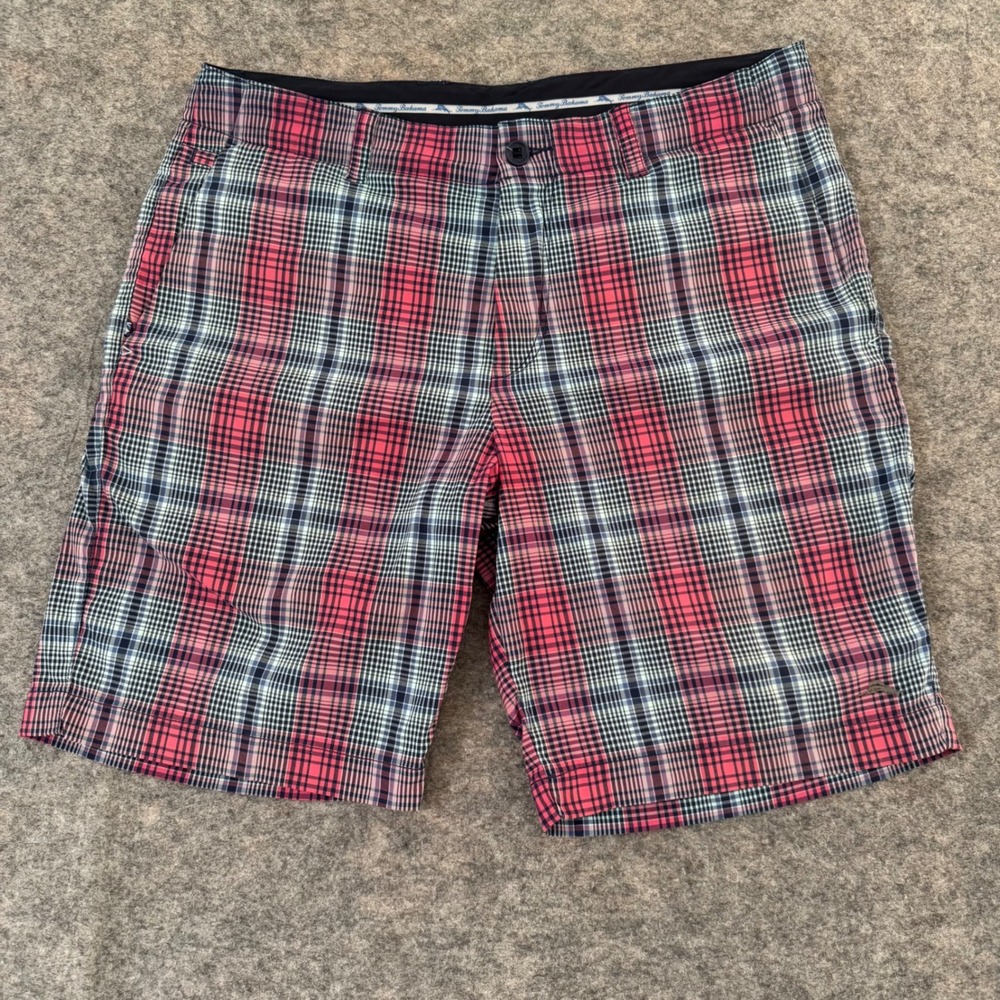 Tommy Bahama 33 (Actual 35x9) Pink Plaid Performance Stretch Nylon Golf Shorts